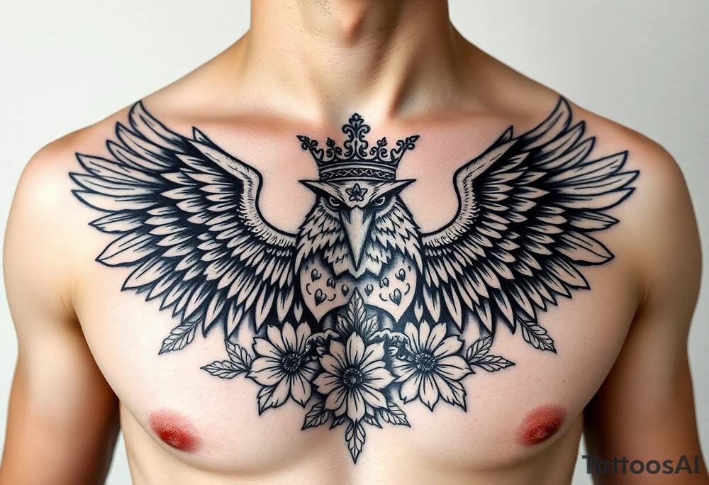 Chest tattoo,powerful majestic eagles with a crown, surrounded by floral ornaments and lure tattoo idea
