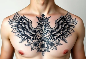 Chest tattoo,powerful majestic eagles with a crown, surrounded by floral ornaments and lure tattoo idea