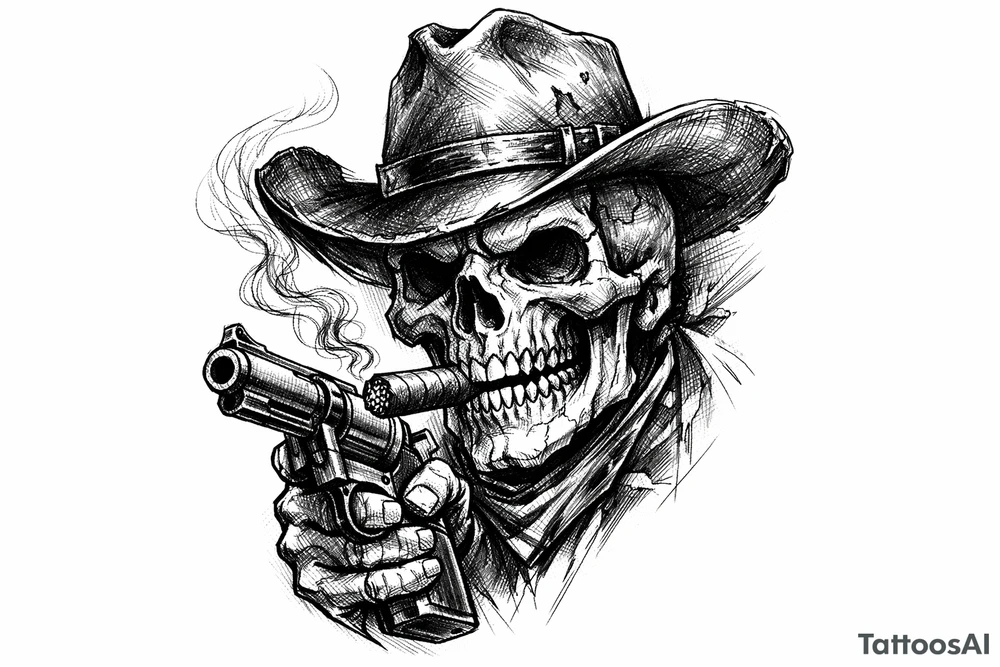 skull with cowboy-hat,a big cigar in his mouth and a gun in a hand. tattoo idea