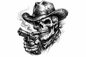 skull with cowboy-hat,a big cigar in his mouth and a gun in a hand. tattoo idea