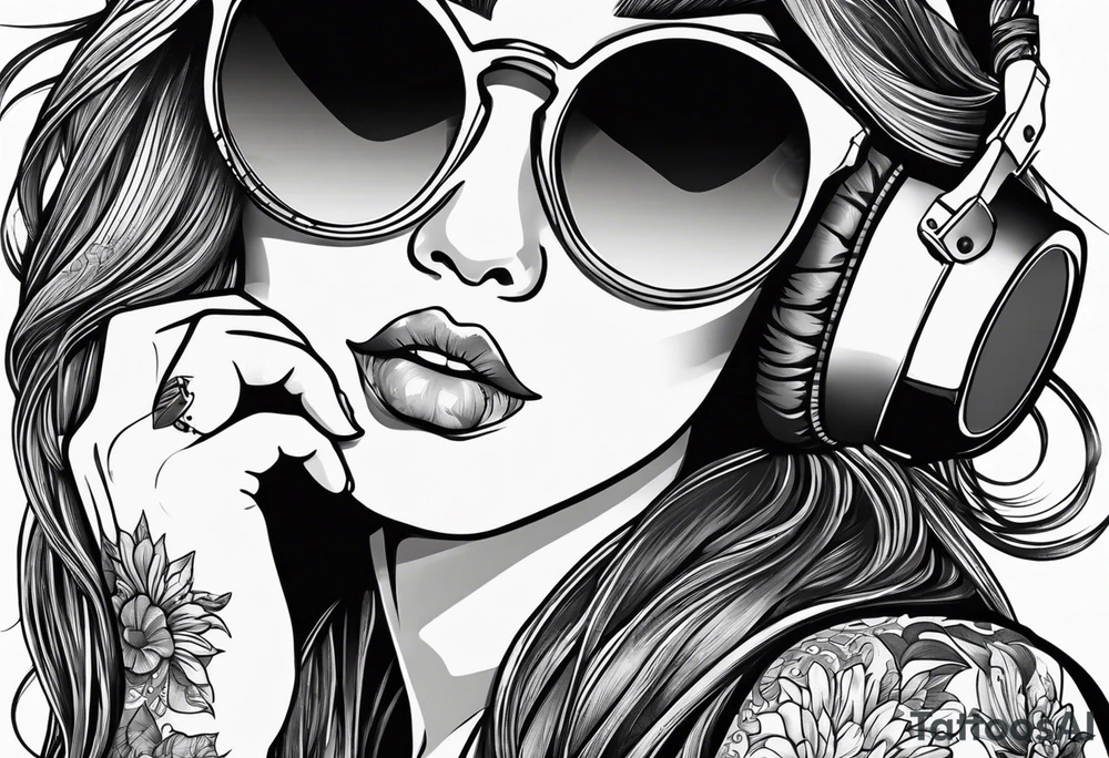 Hipster girl with round sunglasses listening to a tape tattoo idea