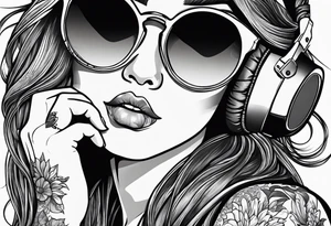 Hipster girl with round sunglasses listening to a tape tattoo idea
