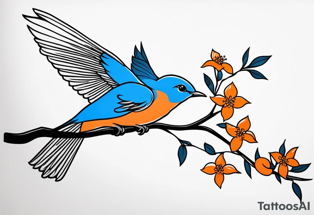 bluebird flying off of branch with orange blossoms tattoo idea