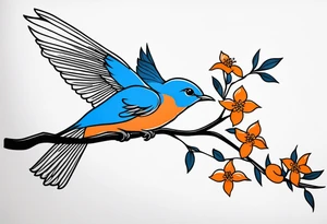 bluebird flying off of branch with orange blossoms tattoo idea