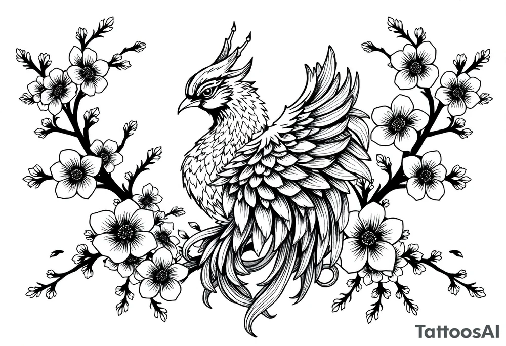 powerful majestic japanese phenix surrounded by Marple and cherry blossom ornaments tattoo idea