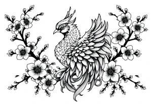 powerful majestic japanese phenix surrounded by Marple and cherry blossom ornaments tattoo idea