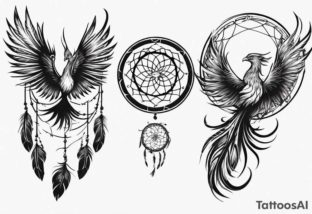 Vertical open mouthed flying Phoenix in circle with long abstract dream catcher feather tail tattoo idea