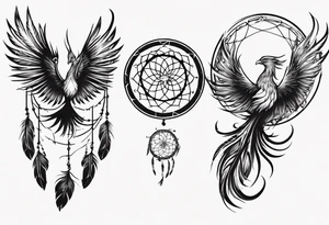 Vertical open mouthed flying Phoenix in circle with long abstract dream catcher feather tail tattoo idea