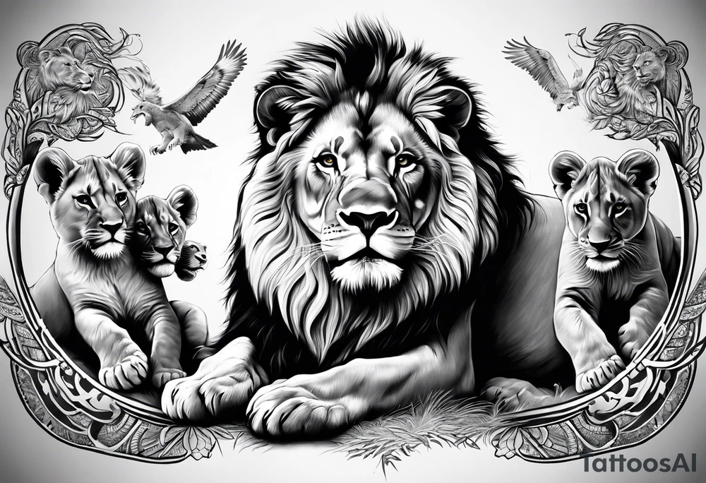 Full sleeve tattoo depicting a large lion protecting his lioness and 6 lion cubs. Background should depict a safari scene tattoo idea