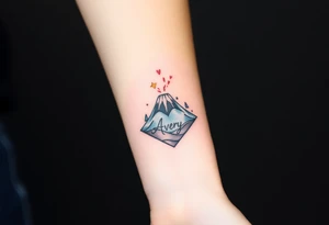 Female Geometric Volcano tattoo erupting in a heart with text Avery tattoo idea