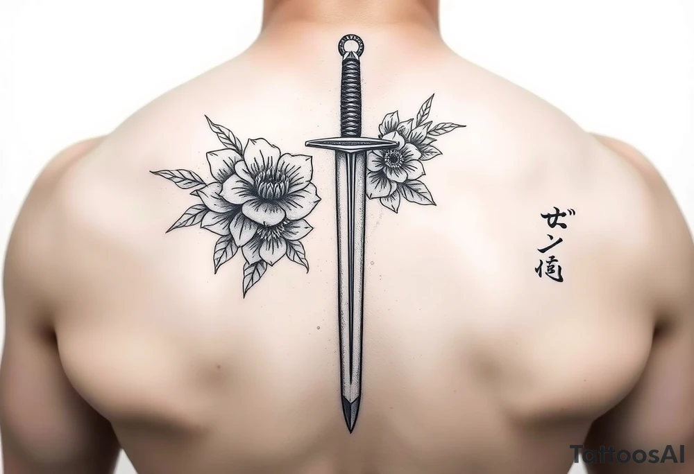 Masculine Japanese sword with flowers around it tattoo idea