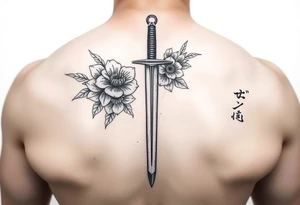 Masculine Japanese sword with flowers around it tattoo idea