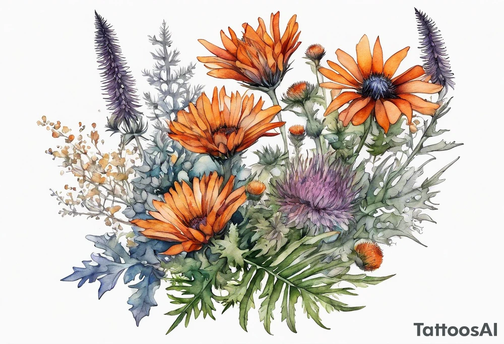 cascading mixed colored wildflowers with thistles, ferns, burnt orange flowers all in watercolor tattoo idea