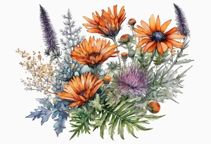 cascading mixed colored wildflowers with thistles, ferns, burnt orange flowers all in watercolor tattoo idea