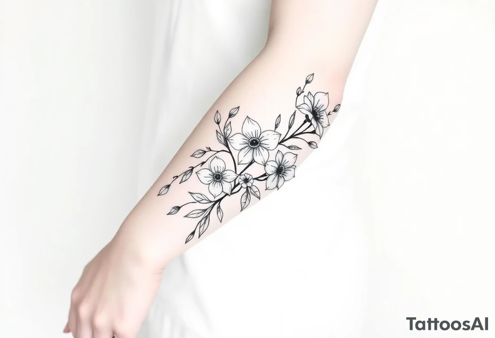 starting from a band mid forearm, sleeve of a combination of holly and daffodils tattoo idea