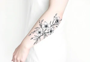 starting from a band mid forearm,  sleeve of a combination of holly and daffodils tattoo idea