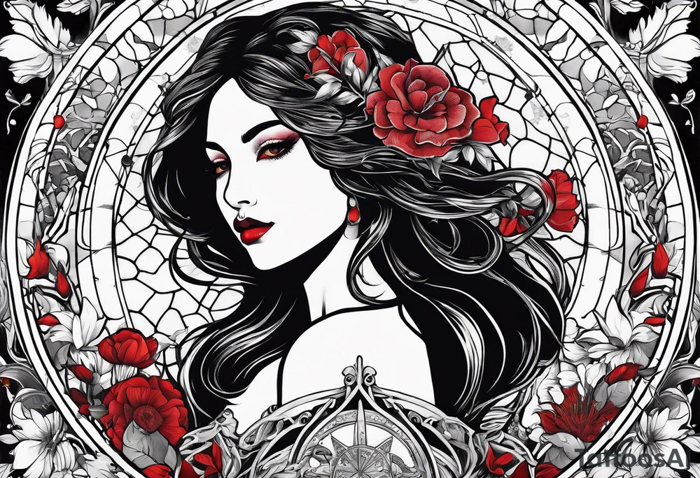 pisces tarot card with black and red flowers tattoo idea