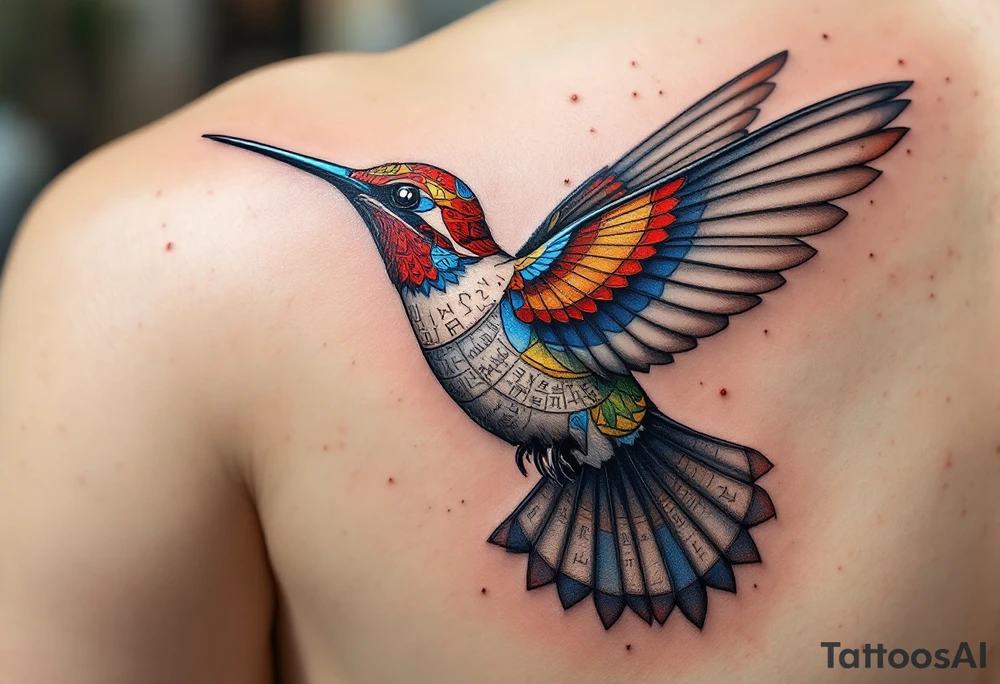 A hummingbird made of sand and hieroglyphs(only red, blue and black are possible colors) tattoo idea