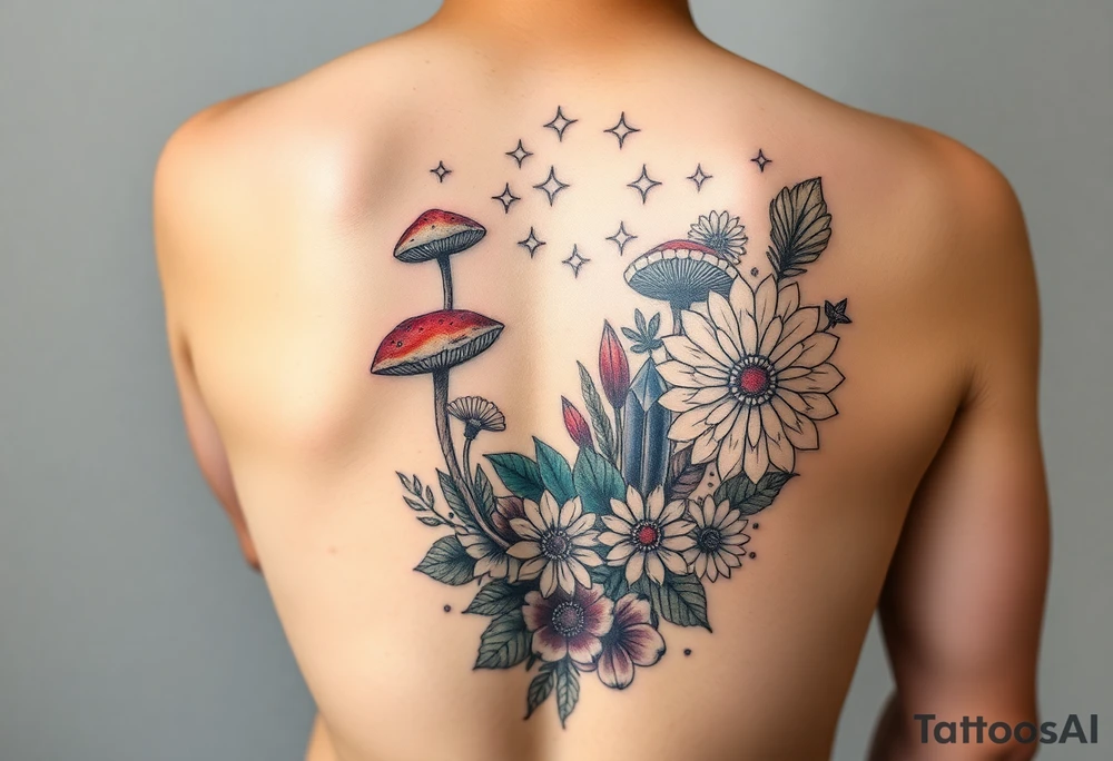 Could you possible make me a cool nature tattoo with mushrooms crystals  flowers mandala boho but colorful and psychedelic colorful too that would wrap from front of hip around side to mid back to cover an existing one I have incorporating the stars I have already and only covering some going with shape of curves of female body wrapping from front of hip around side to back tattoo idea