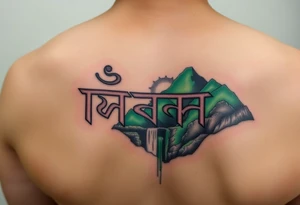 The Burmese word သား Inside of a photo the subject of the photo.  The photo surrounded by a colorful green mountainside with a waterfall tattoo idea
