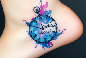 A clock made from swirling galaxies with name "Denisa" and date "08. 06. 2024", symbolizing a love that was destined in the stars, in deep blues, purples, and silver tattoo idea