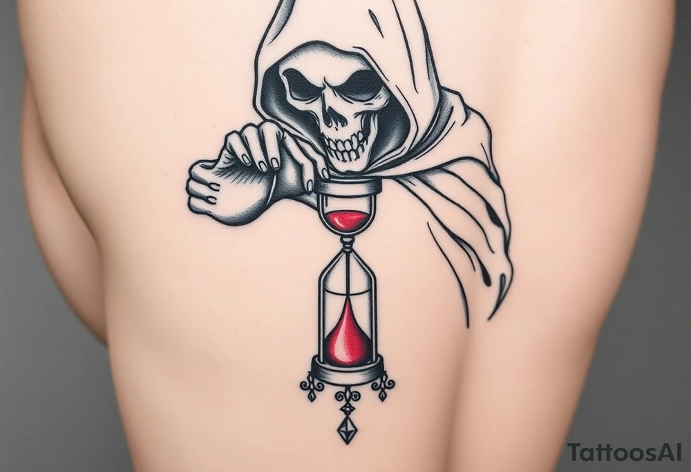 Simple grim reaper looking at a watch on his wrist with a hourglass with red sand and diamond geometric shapes for the thigh tattoo idea