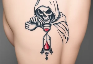 Simple grim reaper looking at a watch on his wrist with a hourglass with red sand and diamond geometric shapes for the thigh tattoo idea