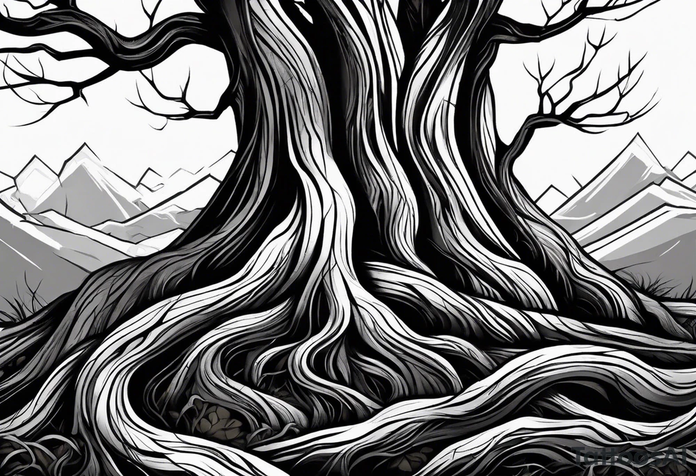 2 tree trunks twisting together with leafless branches extend horizontal. and tree trunk roots extending down vertically. tattoo idea