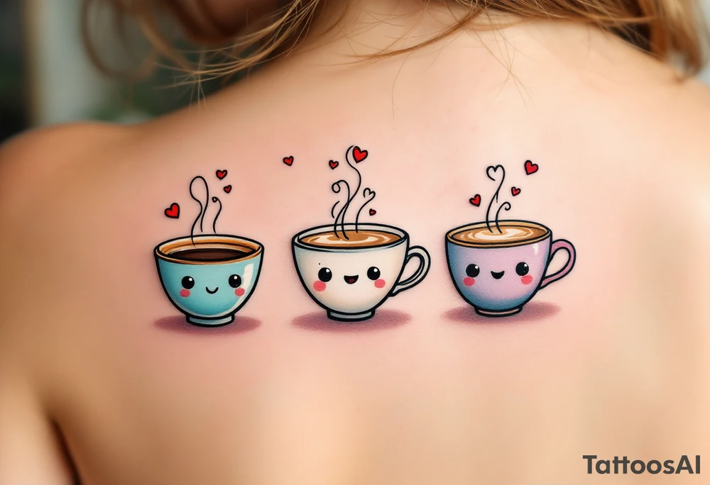 A trio of coffee cups—one espresso, one cappuccino, one latte, smiling at each other with tiny steam hearts floating above them. tattoo idea