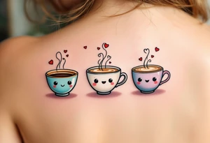 A trio of coffee cups—one espresso, one cappuccino, one latte, smiling at each other with tiny steam hearts floating above them. tattoo idea