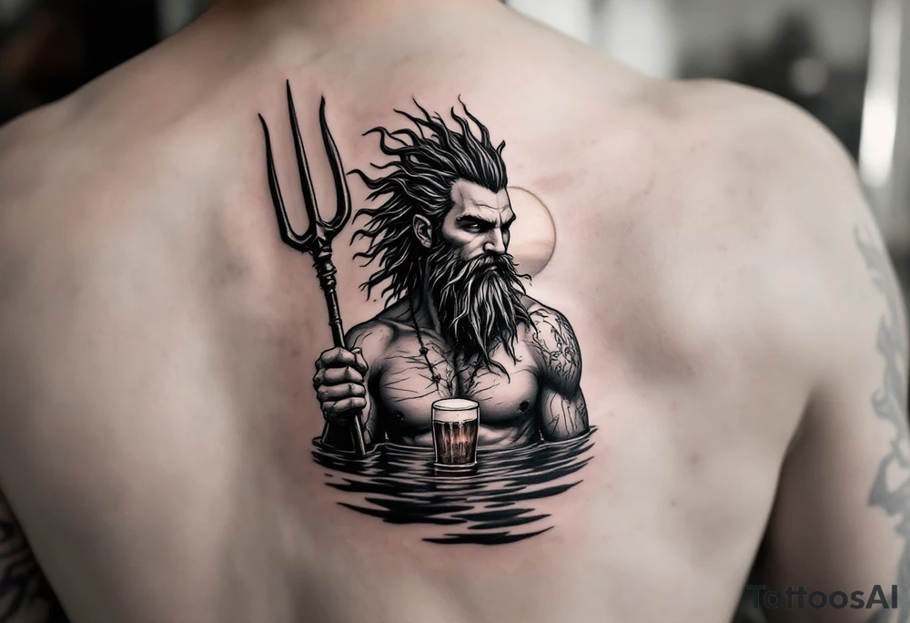 young, happy, fit poseidon in calm water, holding a trident, drinking a beer, with sunset tattoo idea