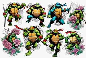 teenage mutant ninja turtles fighting in a city with floral accents tattoo idea