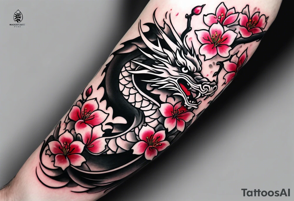 Japanese cherry blossoms dragon minimalist forearm tattoo idea