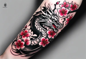 Japanese cherry blossoms dragon minimalist forearm tattoo idea
