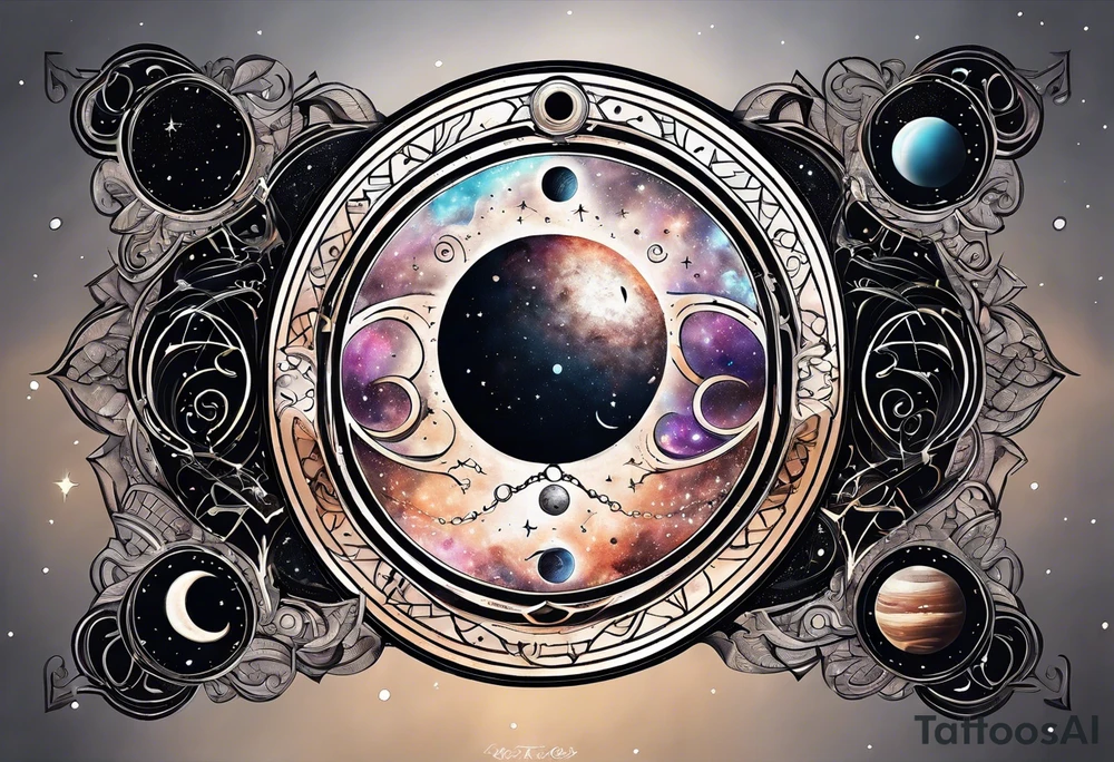 A tattoo featuring a cosmic scene with planets, black holes, and supernovae intertwined with intricate linguistic symbols, reflecting the client's interests in cosmology and linguistics. tattoo idea