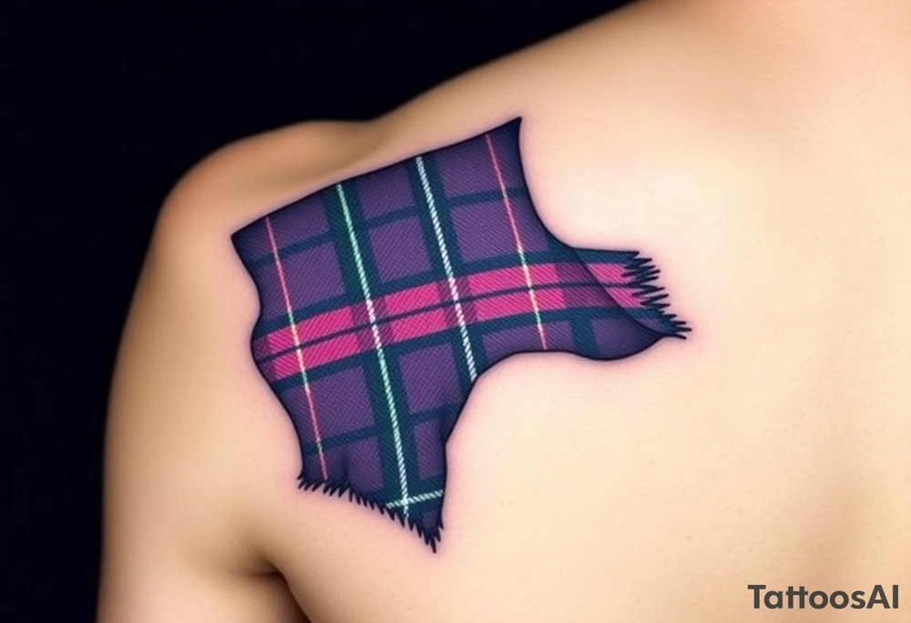 Dark Purple with green pink blue and white highlights tartan fabric with skin around edges peeling and wrapping around side of shoulder tattoo idea