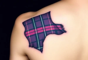 Dark Purple with green pink blue and white highlights tartan fabric with skin around edges peeling and wrapping around side of shoulder tattoo idea