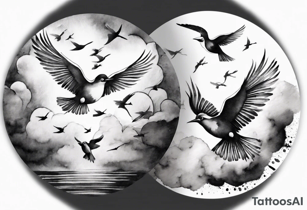 shoulder tattoo with light rays with birds flying free among the clouds, round shape, 3d effect tattoo idea shoulder tattoo with light rays with birds flying free among the clouds, round shape, 3d effect tattoo idea