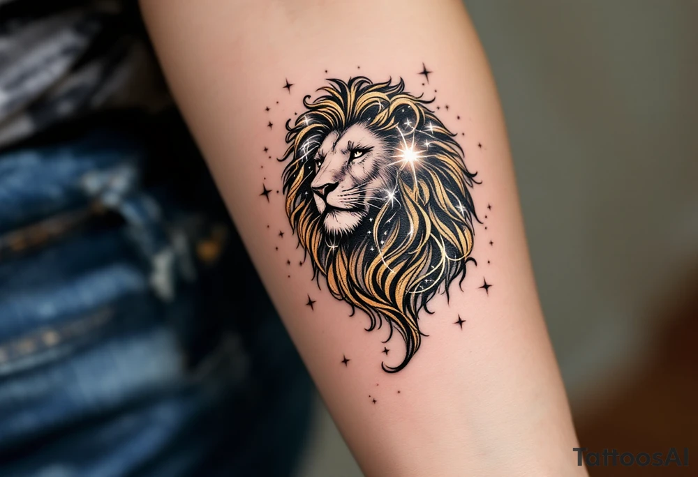 A stylized lion made of swirling gold lines emerges from a starry sky, with the Leo star constellation glowing in white across its mane. tattoo idea