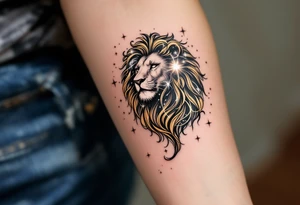 A stylized lion made of swirling gold lines emerges from a starry sky, with the Leo star constellation glowing in white across its mane. tattoo idea