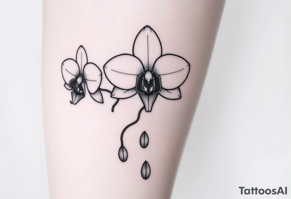 Draw of three fine line orchids different size realistic, the central part resembles a vagina. Are connected with branches that appears a mix with drops and seeds tattoo idea