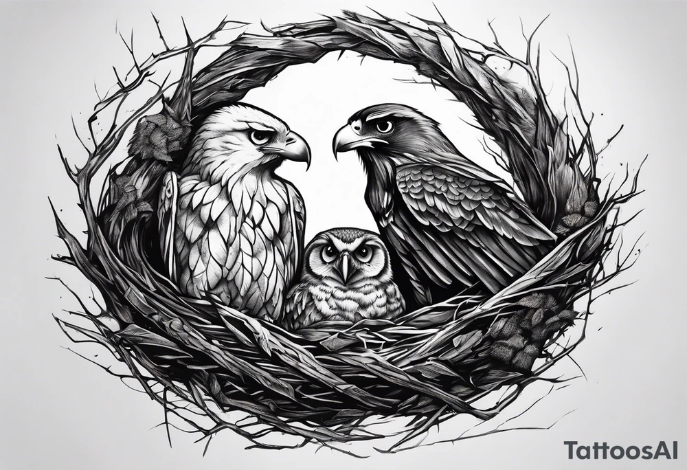 Owl, raven, eagle cuddled in a nest, looking down into the nest tattoo idea