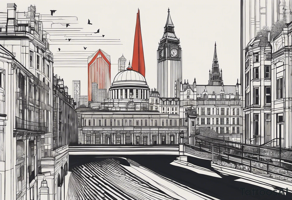 A minimalistic, abstract design capturing the architectural essence and vibe of London. Key elements of London’s skyline and structure are hinted at with clean lines, and subtle detailing includes personal touches, like a nod to Feid’s signature look (hat, glasses, mustache), integrated discreetly to honor a memorable concert experience. tattoo idea