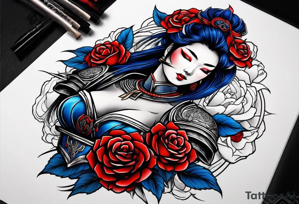 Armored Samurai woman Colored blue and red roses tattoo idea