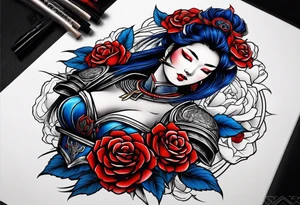 Armored Samurai woman Colored blue and red roses tattoo idea