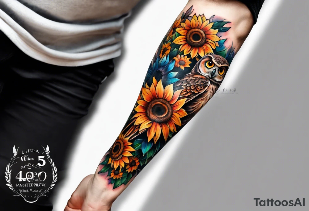 Leg sleeve with colorful sunflowers and an owl tattoo idea