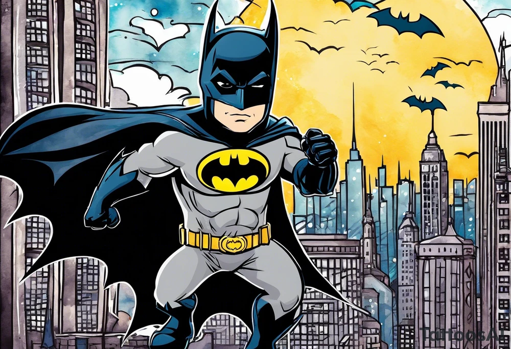 Little Batman with Batman-Logo and Gotham city in background. Bat signal is active. Batman is around in the city with a bat-claw tattoo idea