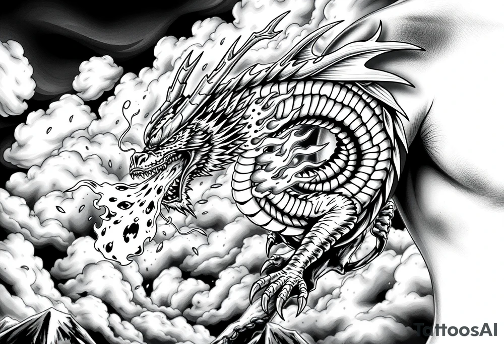fierce dragon breathing iridescent fire against stormy skies tattoo idea