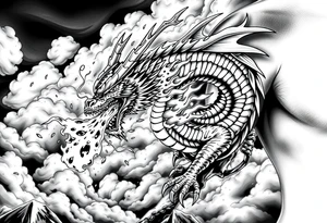 fierce dragon breathing iridescent fire against stormy skies tattoo idea