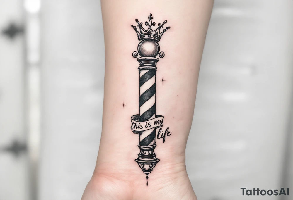 Barber pole with a crown 
           THIS IS MY LIFE tattoo idea